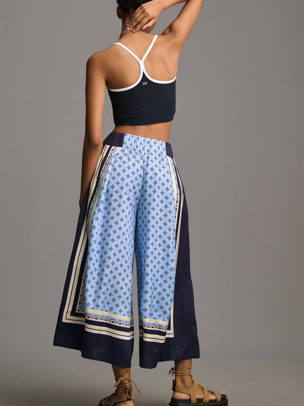 Anthropologie Navy, Light Blue & Cream Patterned Wide-Leg Pants